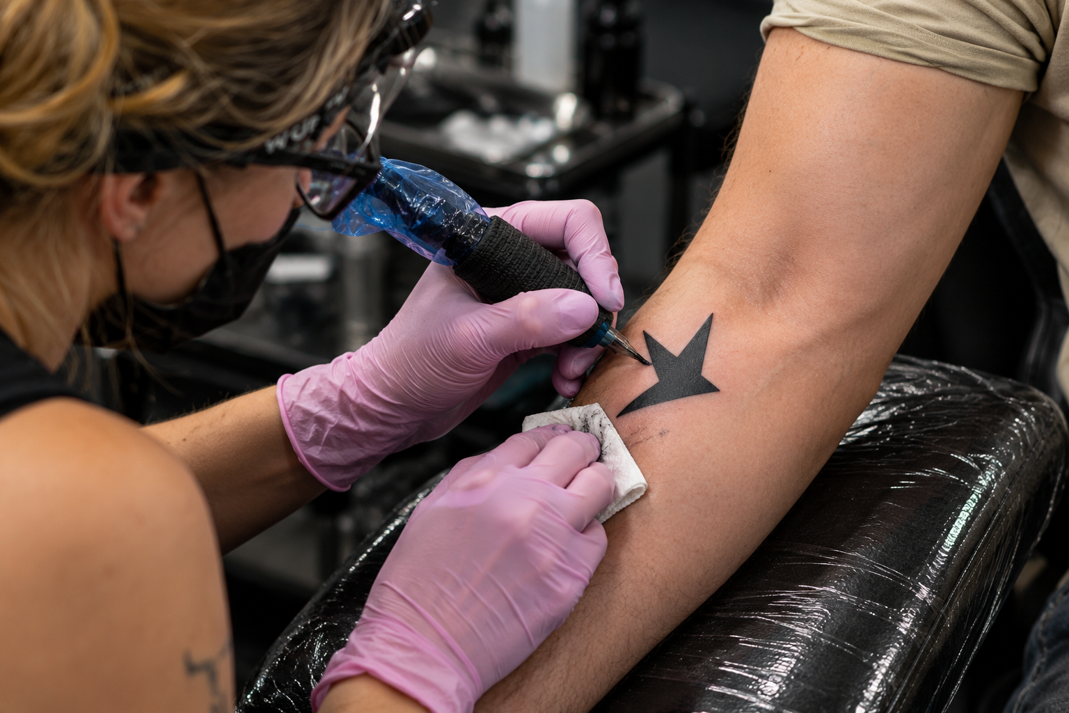 Schwalbe: Ein Tattoo des Schwalbe-Logos wird gestochen